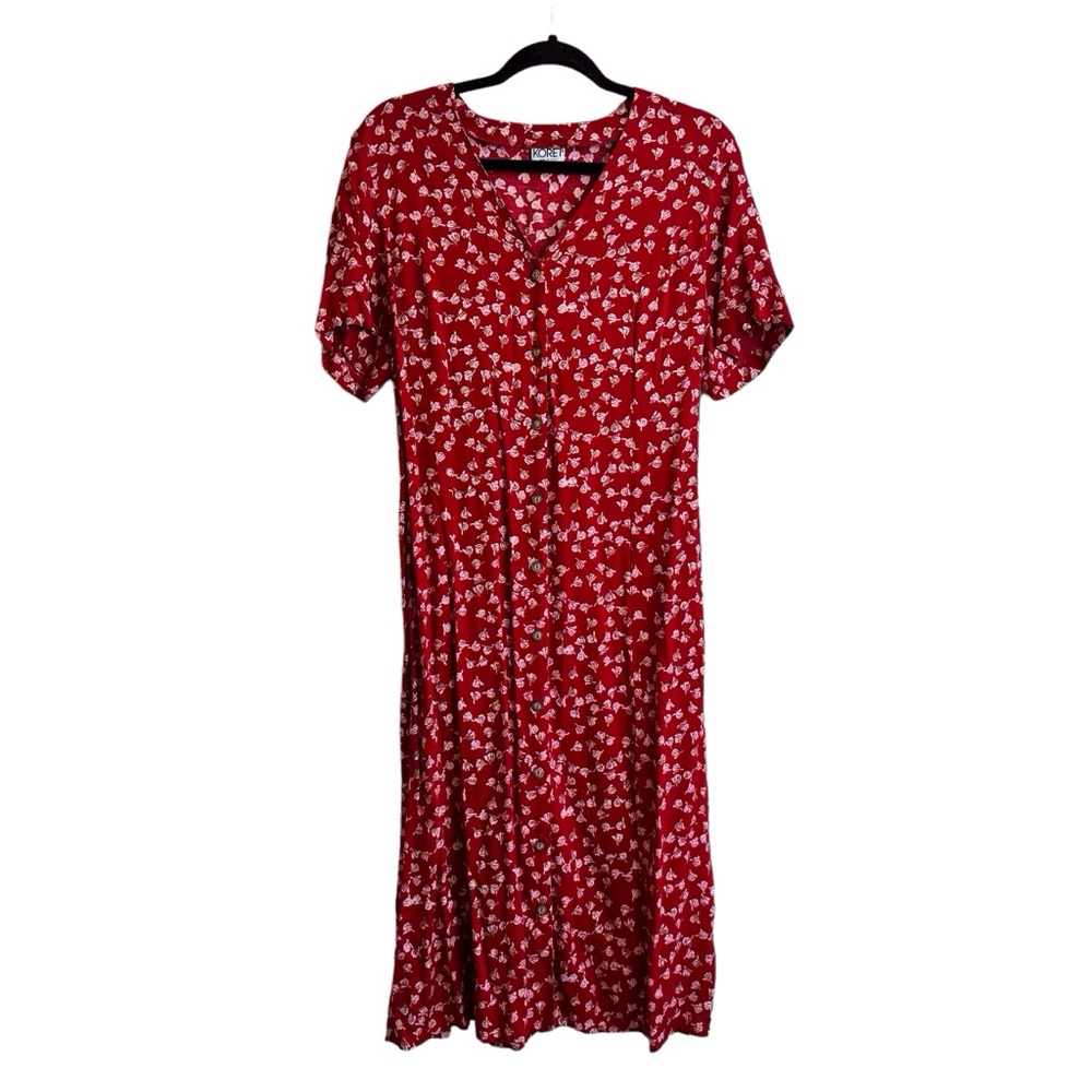 Vintage 90s Koret Medium Red Floral Print Button Up Corset Back Grunge Dress